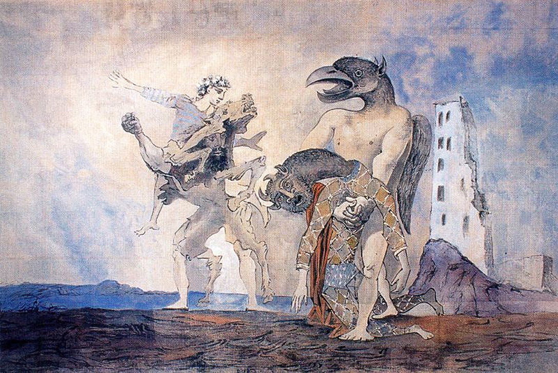 Pablo Picasso, La Dépouille du Minotaure em costume d´arlequin, 1936 (em meio à Guerra Civil Espanhola) 